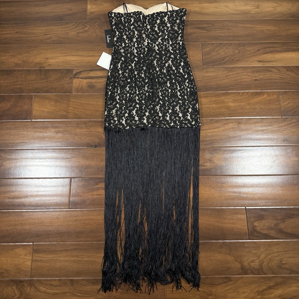 Lulus Size Small Black Lace Ain't Misbehavin Fringe Strapless Bodycon Dress - Picture 9 of 11